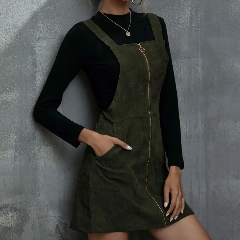 Rust Brown corduroy Zipper Mini Dress Pockets - Picture 6 of 8